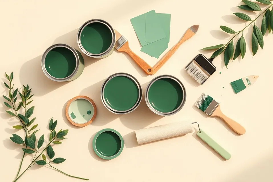 Pots de peinture, nuancier, brosses et rouleaux disposés à plat