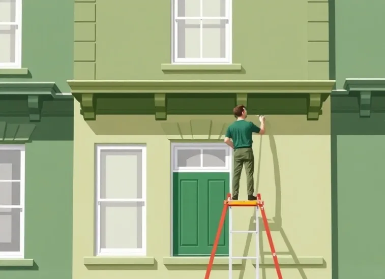 Peintre sur échafaudage traitant la façade d'une maison