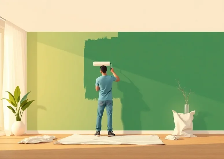 Peintre appliquant la peinture au rouleau sur un mur de salon